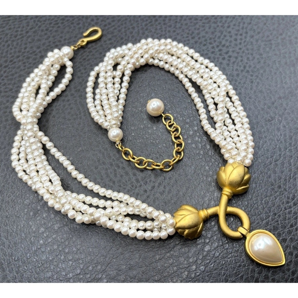 VTG 80s Multi Strand Faux Pearl Statement Necklace Teardrop Pendant Mogul Runway
